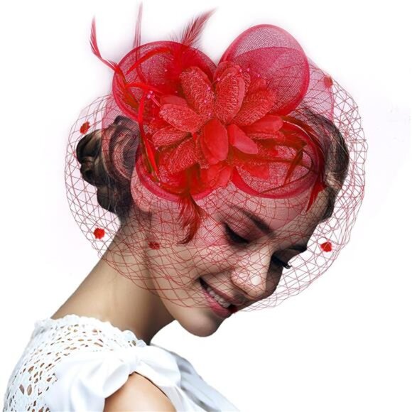 Women's Fascinators Flower Feathers with Veil Red - Picture 6 of 7